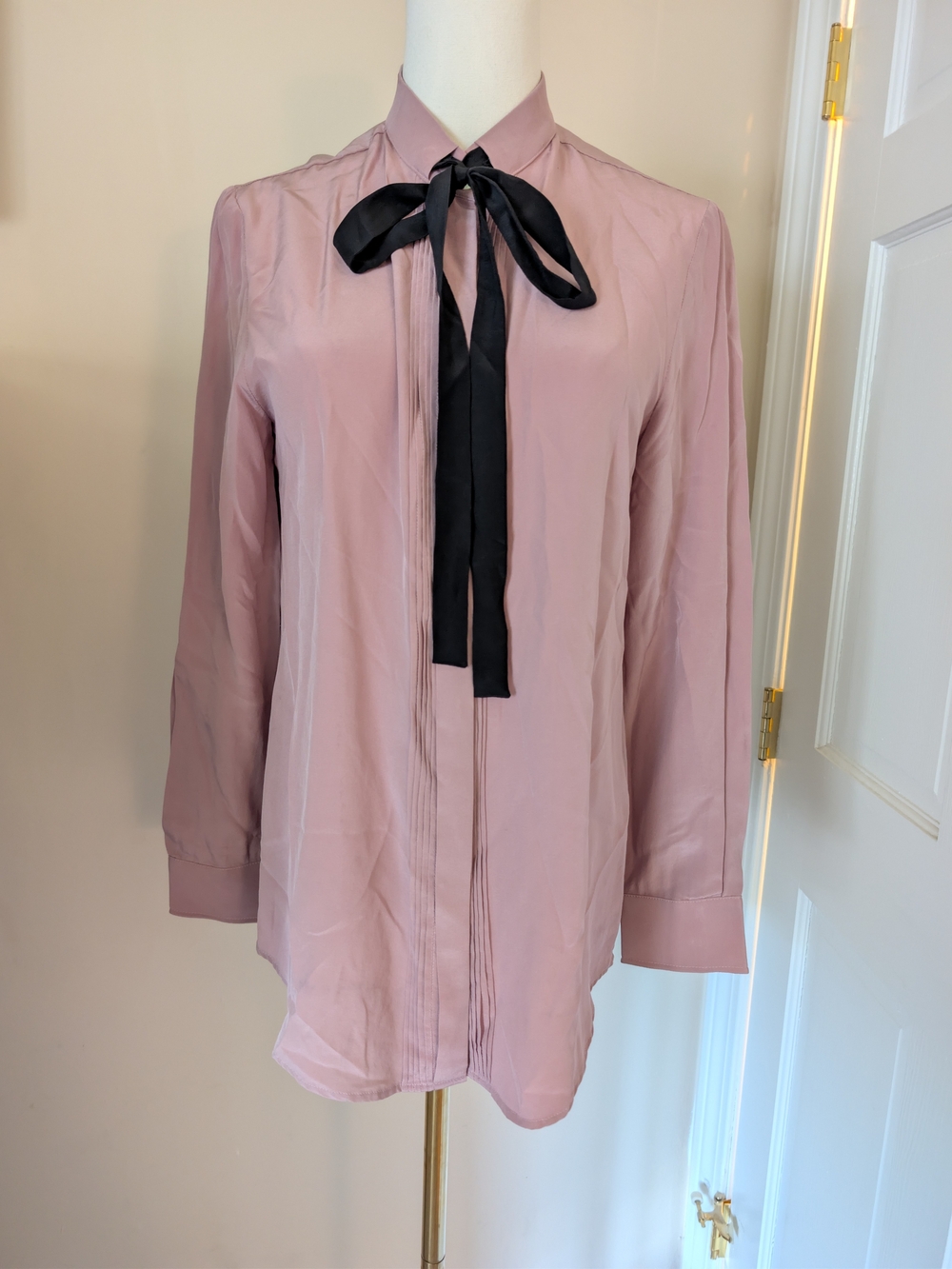 Chloé Mauve Pink 100% Silk Bow Blouse Pintuck Pleated Size 38 US 6
